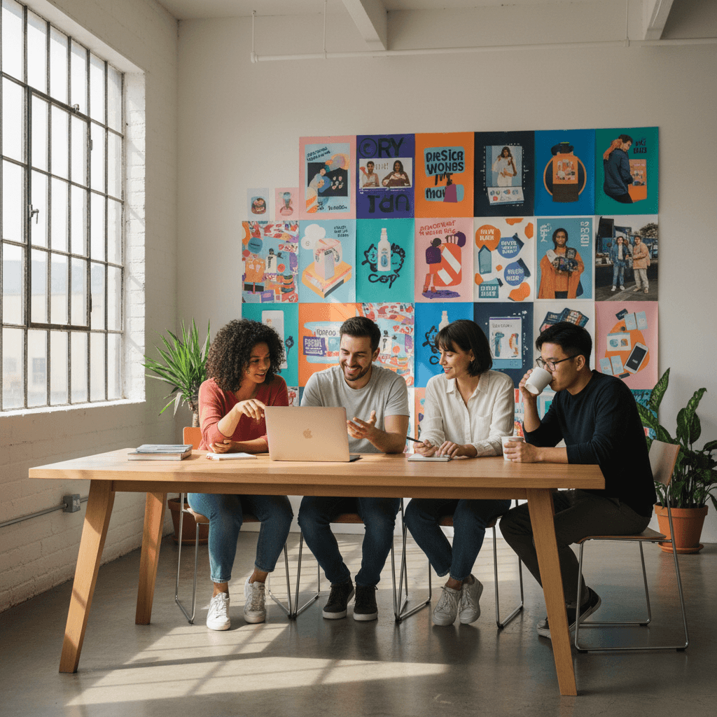A digital-marketing agency team collaborating in a bright studio
